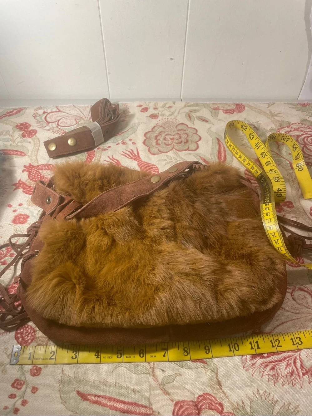 FEFA Suede Side  Fringe Rabbit Fur Hobo Bag in Chestnut Brown